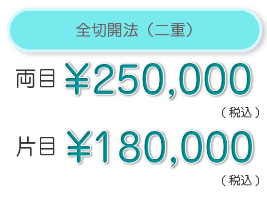 全切開法（二重）ライン保証1年以内 両目　¥180,000（税込）片目　¥100,000（税込）